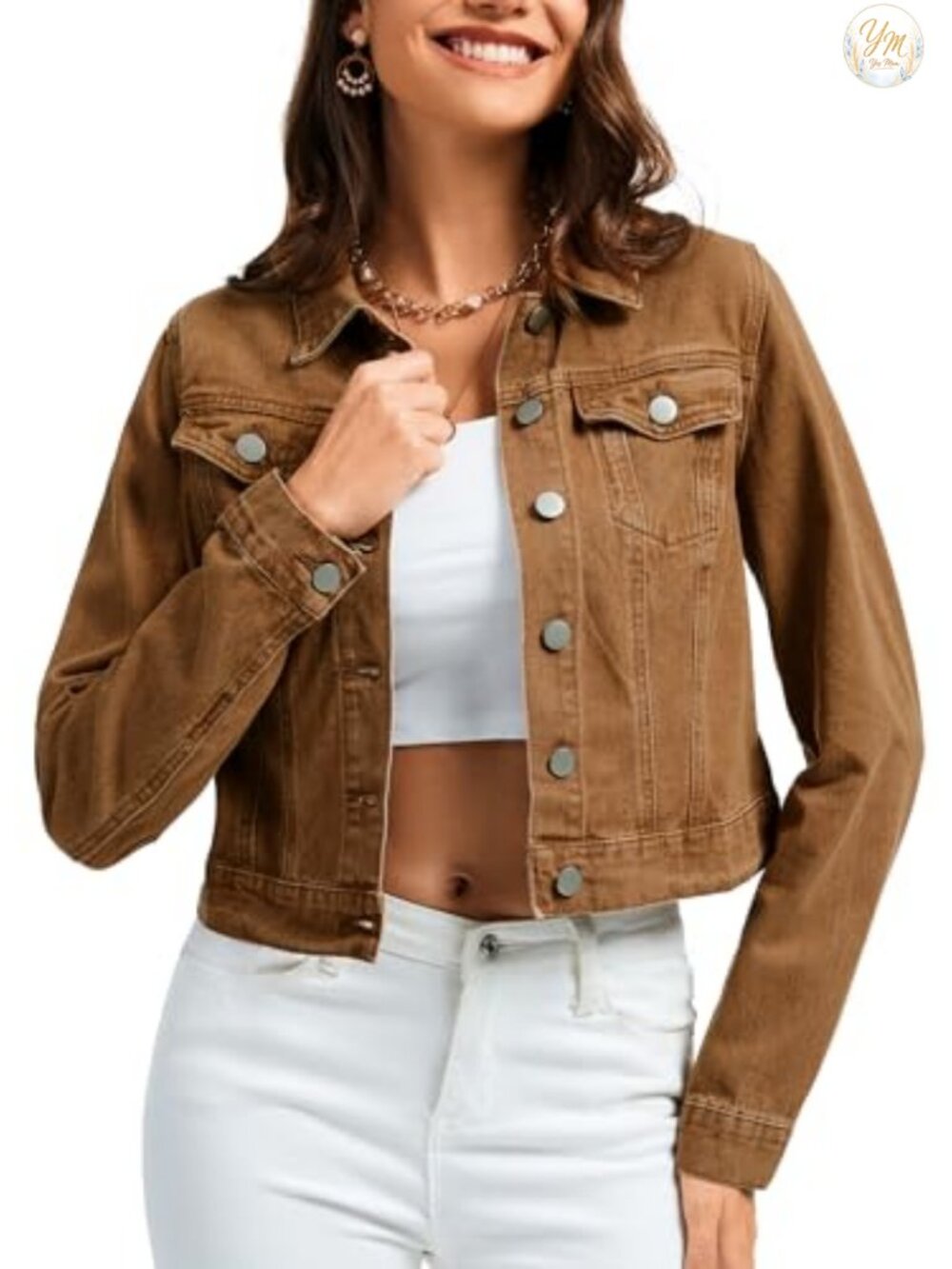 Cropped Denim Jacket Women Cotton Button Down Long Sleeve Shacket with Pockets